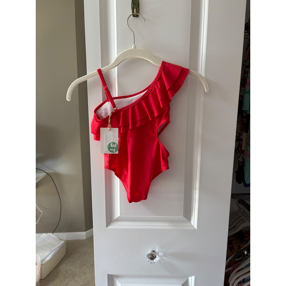 Toddler Girls Red One Shoulder Ruffle Cut Out One Piece Swimsuit Size 3T NWT - Picture 3 of 3